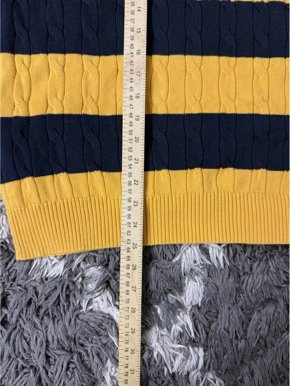 Nautica Men Medium Cable Knit Sweater Yellow Blue Striped Medium Crewneck